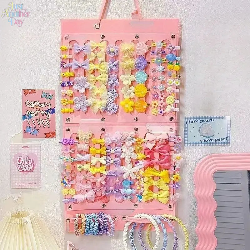 Punch-free Wall Mount Felt Hair Accessories Storage Bag, Multi-slots Large Capacity Hanging Organizer for Girls Bow Barrettes, Shark Clips, Hair Bands & Kids Headwear, Dorm Dresser Space-saving Hairpin Display Rack