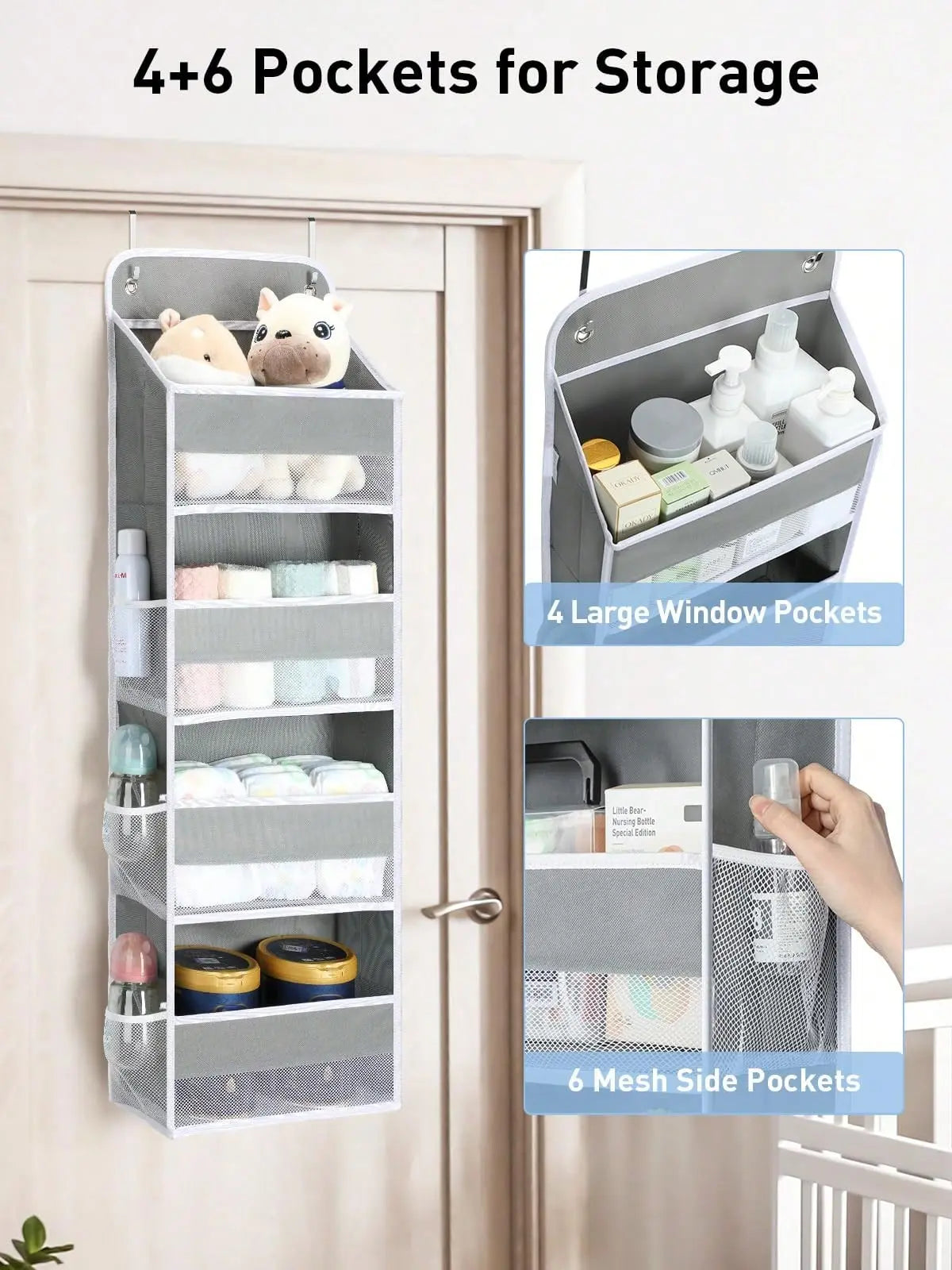 Over The Door Hangable Storage Organizer for Baby Nursery & Bathroom, 35.2lbs Load Capacity, Swing-Proof, 4 Bins, 6 Side Pockets for Newborn Essentials, Home Storage Organization Solution, Room Organizer, Storage Organizer Units