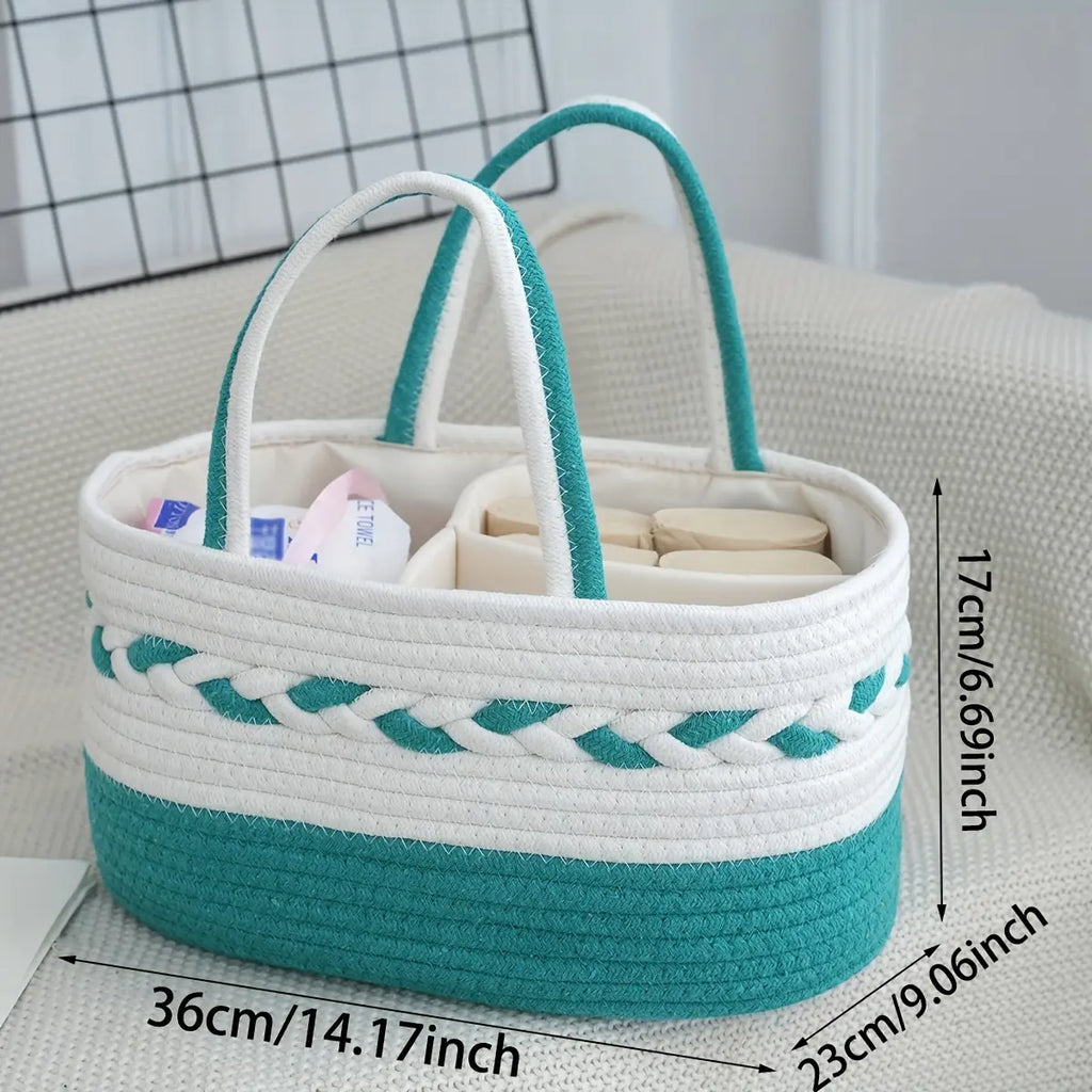 Bohemian Vibe Rope Weave Large Capacity Foldable Home Storage Bag with Woven Handle, Removable Lining, Stripe Design (Cyan, White, Pink, Beige) - Shelf Basket
