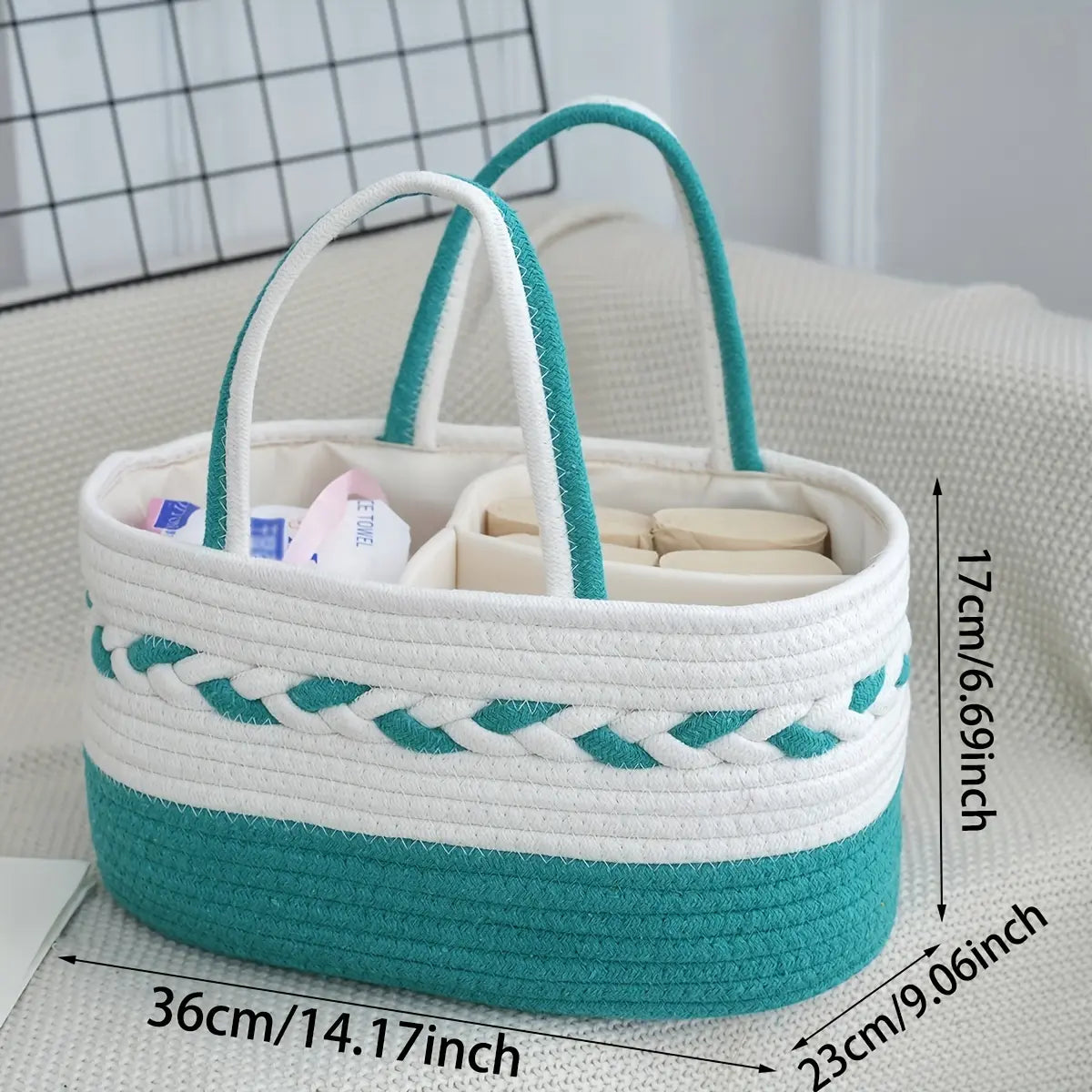 Bohemian Vibe Rope Weave Large Capacity Foldable Home Storage Bag with Woven Handle, Removable Lining, Stripe Design (Cyan, White, Pink, Beige) - Shelf Basket