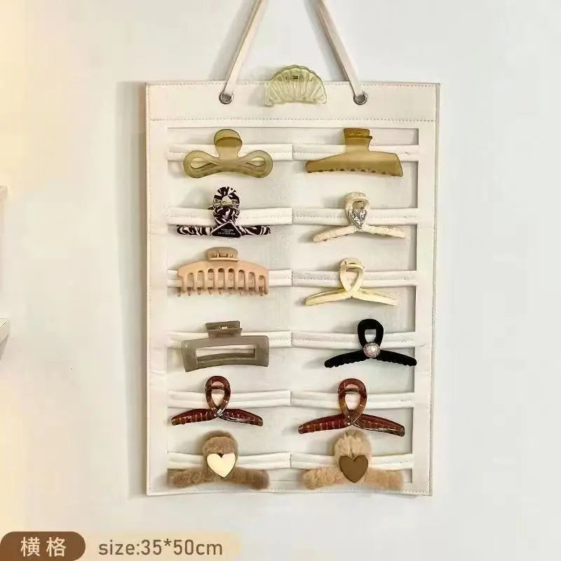 Punch-free Wall Mount Felt Hair Accessories Storage Bag, Multi-slots Large Capacity Hanging Organizer for Girls Bow Barrettes, Shark Clips, Hair Bands & Kids Headwear, Dorm Dresser Space-saving Hairpin Display Rack