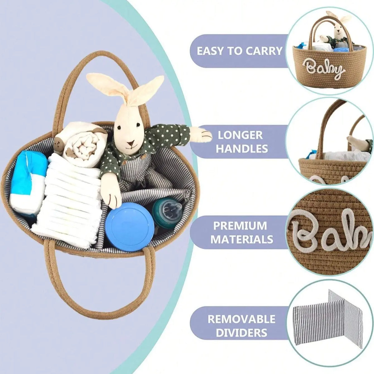 Baby Diaper Storage Basket, Toy Organizer Bin, Woven Compartment Detachable Portable, Nursery Essentials, Baby Care Accessories, Playroom Kidsroom Organizer, Removable Basket, Nursery Baskets, Storage for Organizing