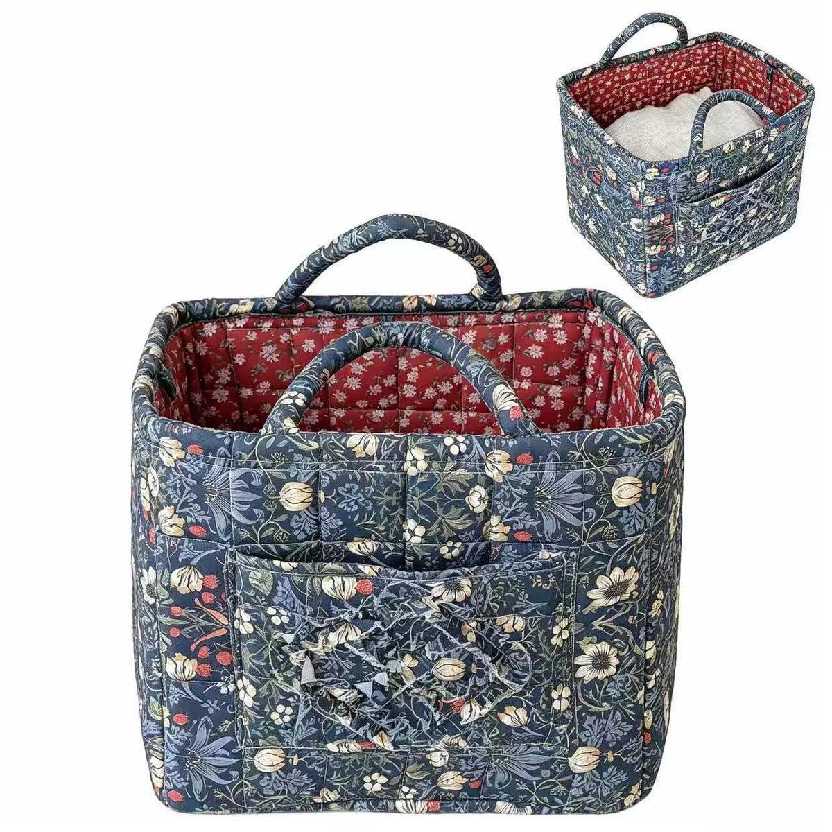 Women's Retro Foldable Soft Quilted Square Storage Basket - Dahuaofu Series, 31*27*26 cm Large Pink Flowers Print Polyester Bag, Basket with Handle, Front Pocket, Multi-Function High-Capacity Organizer, Blue, Clothes Organizer