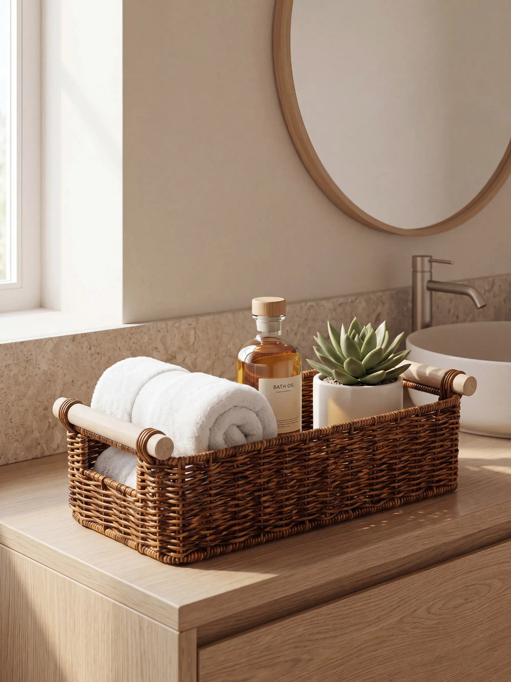 BROWNLILY Handwoven Wicker Organizer Basket with Wooden Handles - Narrow Countertop Caddy for Bathroom Vanity, Kitchen, Entryway & Guest Room (Faux Rattan)