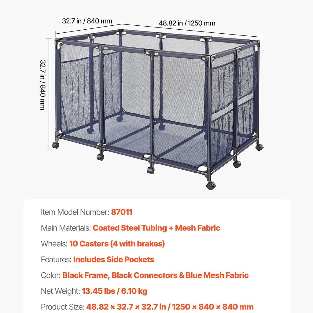VEVOR Heavy-Duty Plastic Rolling Pool Storage Bin, 48.8 x 32.7 x 32.7 in Durable Metal Frame Organizer with Rolling Casters, Side Pockets, Breathable and Quick-Drying Mesh Basket for Pool Toys (Rectangular)