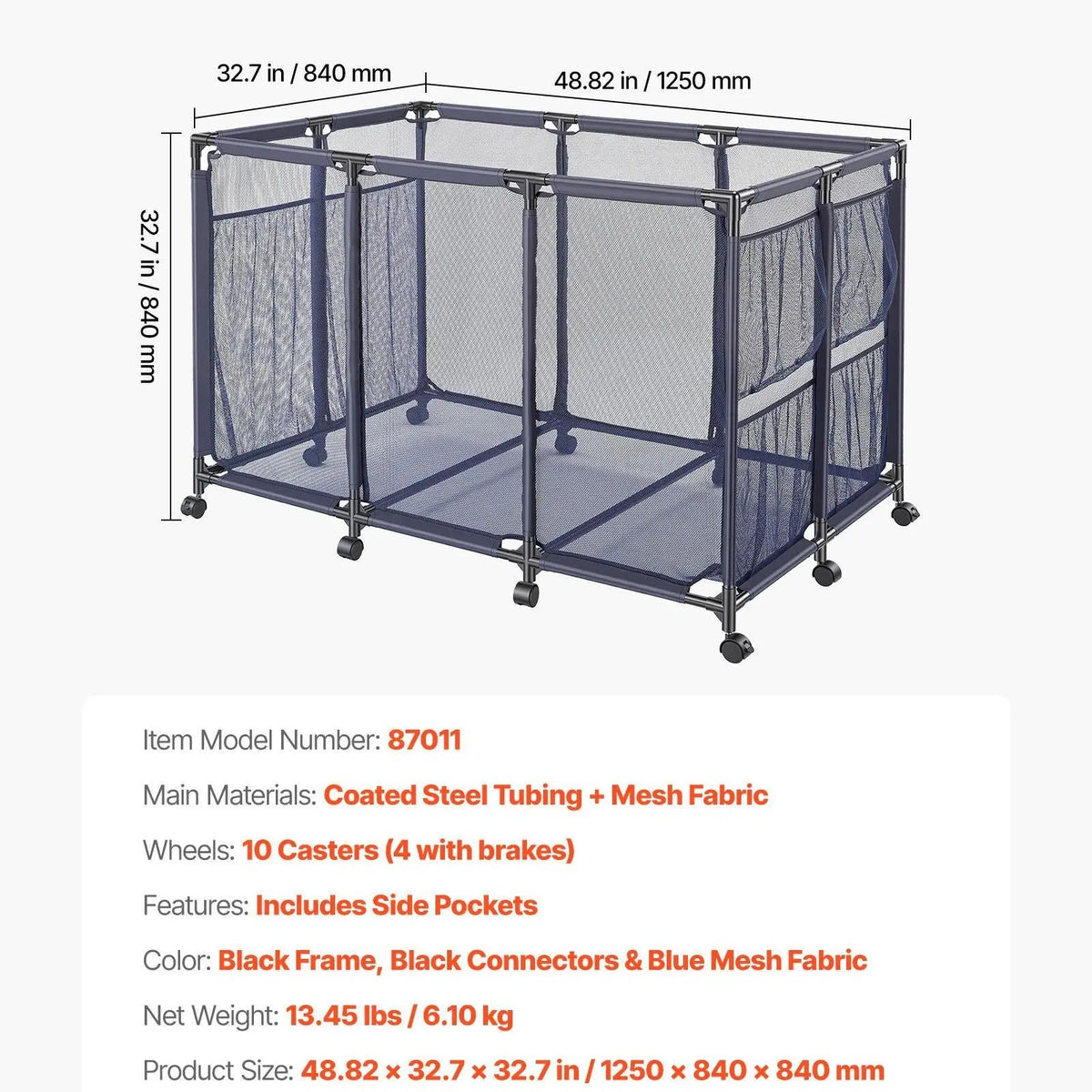 VEVOR Heavy-Duty Plastic Rolling Pool Storage Bin, 48.8 x 32.7 x 32.7 in Durable Metal Frame Organizer with Rolling Casters, Side Pockets, Breathable and Quick-Drying Mesh Basket for Pool Toys (Rectangular)