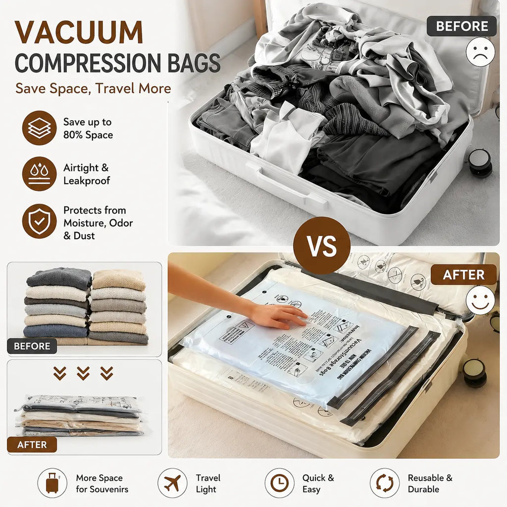 SUOCO Travel Vacuum Seal Bags Set with Rechargeable Electric Pump & Compression Packing Cubes, Water-Resistant Airtight Re-sealable Home Organiser for Luggage, Garage Storage, Cruises, Space-Saving Home Supply